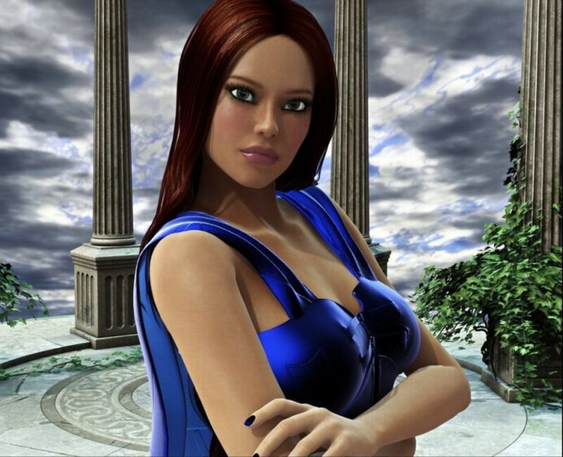 Woman in Blue Dress — Dramatic, 3d Render, Columns