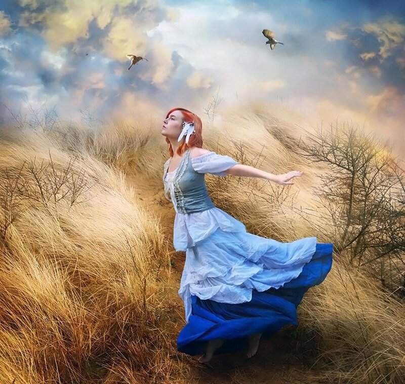 Woman in Blue Dress — Dramatic, Afternoon, Digital Art, Birds