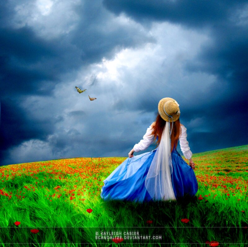 Woman in Blue Dress — Dramatic, Afternoon, Digital Art, Straw Hat