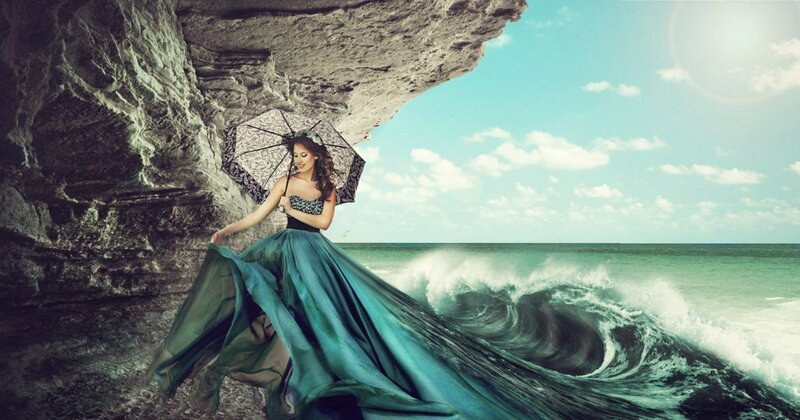 Woman in Blue Dress — Dramatic, Afternoon, Digital Art, Umbrella