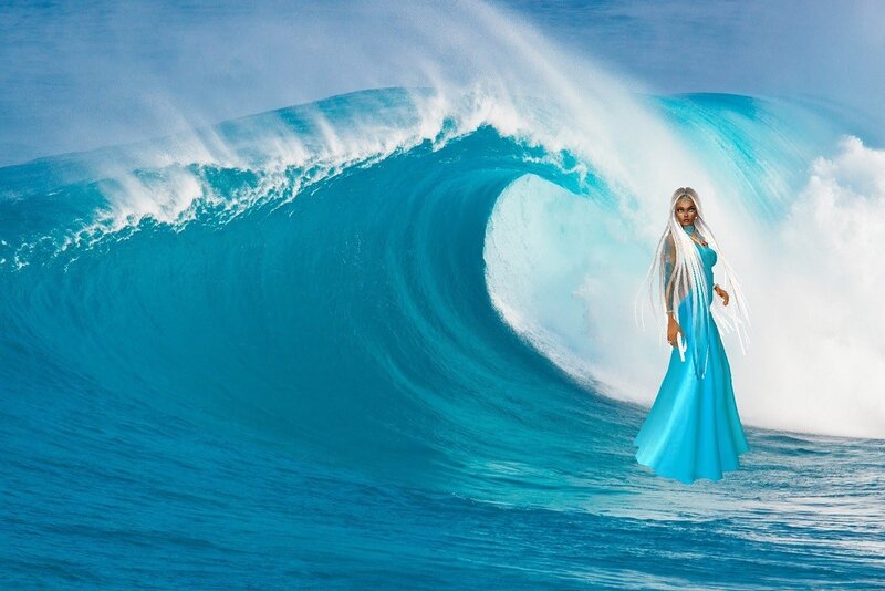 Woman in Blue Dress — Dramatic, Afternoon, Digital Art, Wave