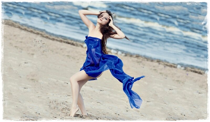 Woman in Blue Dress — Dramatic, Afternoon, Photograph, Beach, Ocean, Sand
