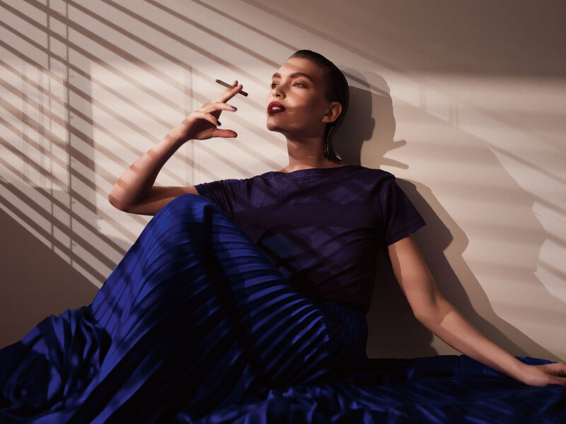 Woman in Blue Dress — Dramatic, Afternoon, Photograph, Cigarette