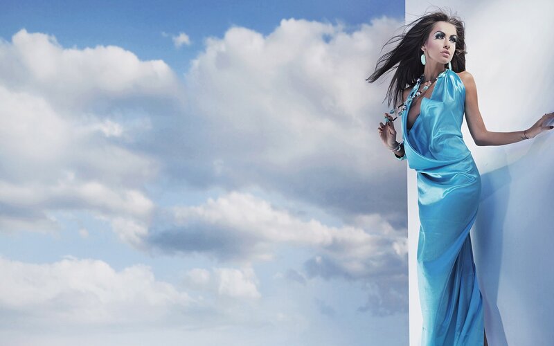 Woman in Blue Dress — Dramatic, Afternoon, Photograph, Clouds, Wall, White