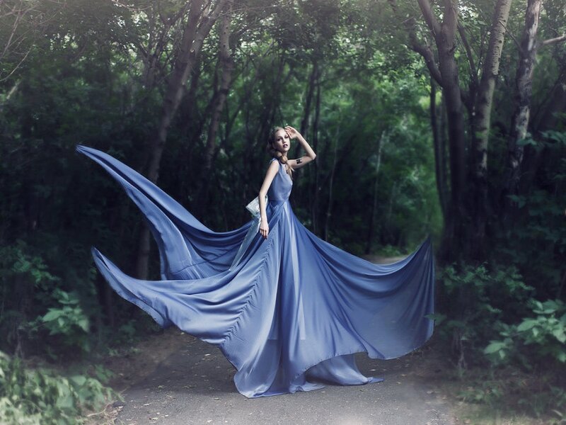 Woman in Blue Dress — Dramatic, Afternoon, Photograph, Forest, Path