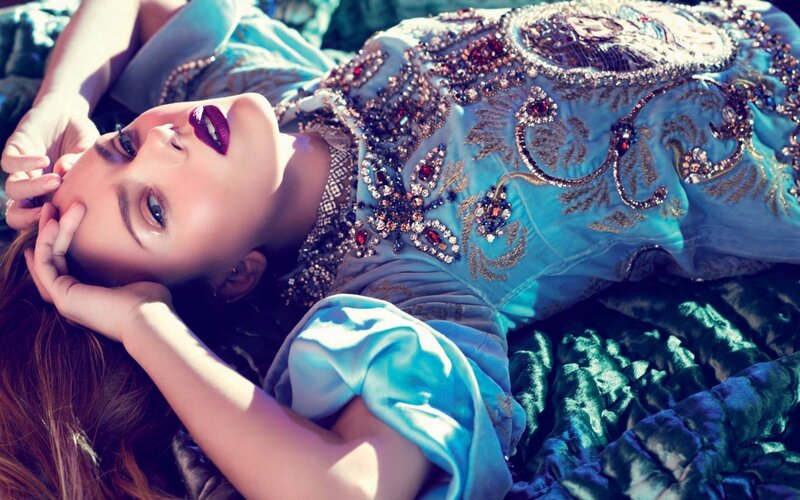 Woman in Blue Dress — Dramatic, Afternoon, Photograph, Makeup, Bed