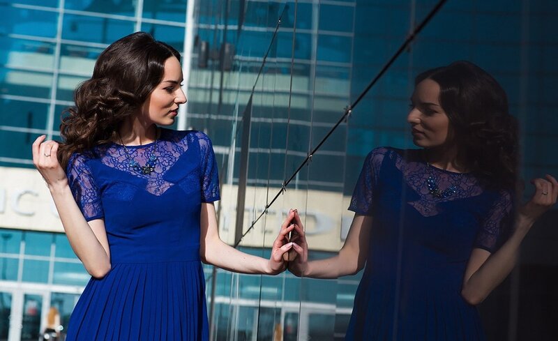 Woman in Blue Dress — Dramatic, Afternoon, Photograph, Reflection