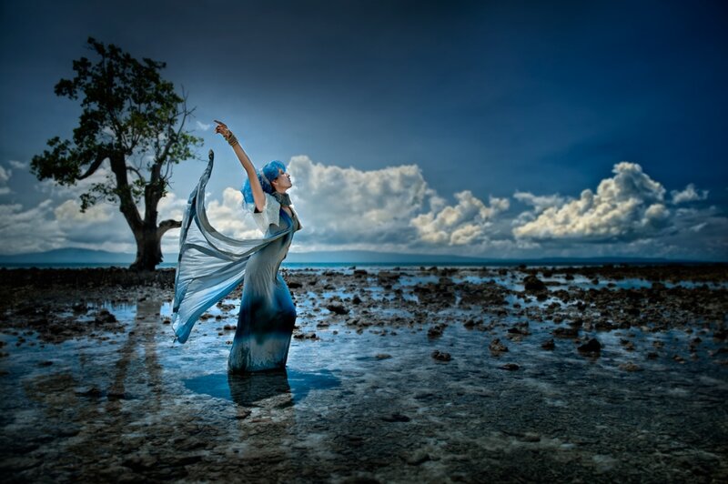 Woman in Blue Dress — Dramatic, Afternoon, Photograph, Tree