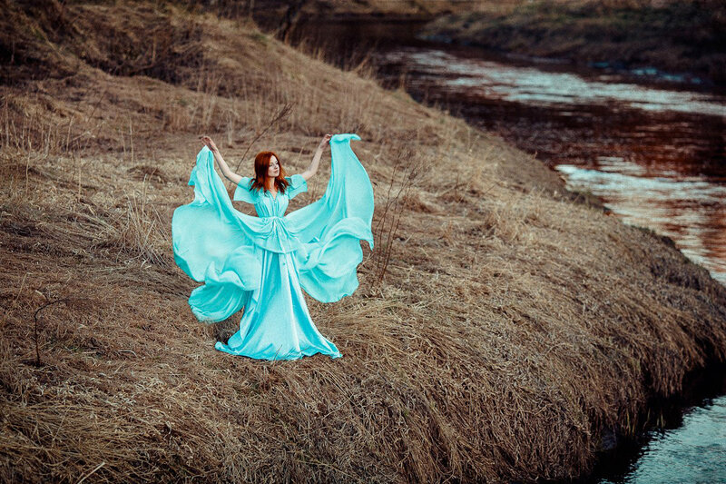 Woman in Blue Dress — Dramatic, Autumn, Photograph, River