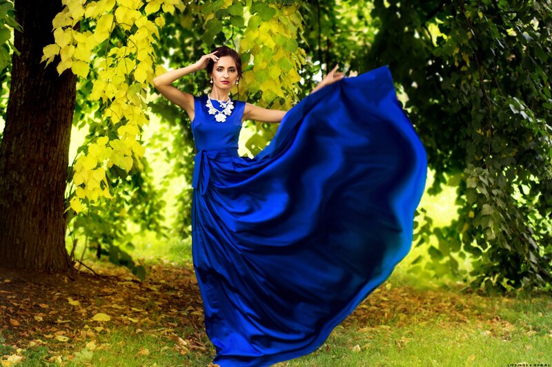 Woman in Blue Dress — Dramatic, Autumn, Photograph, Tree
