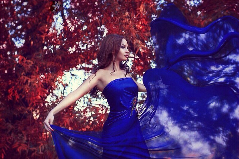 Woman in Blue Dress — Dramatic, Autumn, Photograph, Trees