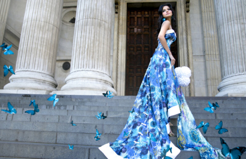 Woman in Blue Dress — Dramatic, Daytime, Photograph, Butterflies