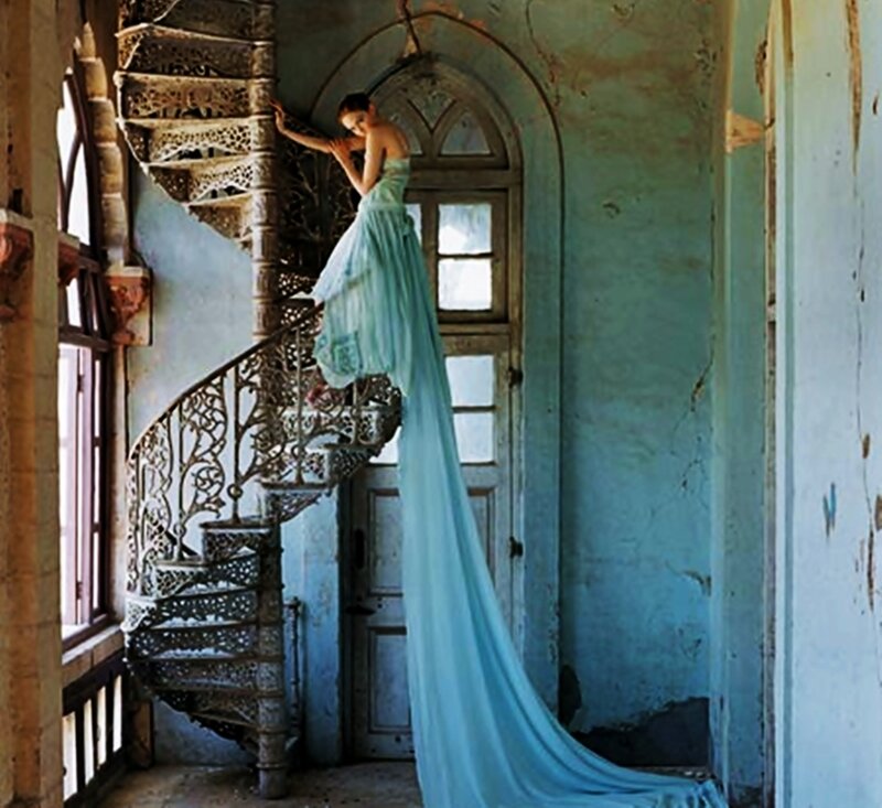 Woman in Blue Dress — Dramatic, Daytime, Photograph, Spiral Staircase
