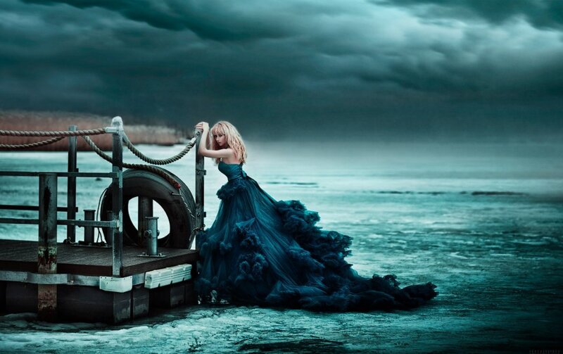 Woman in Blue Dress — Dramatic, Digital Art, Dock