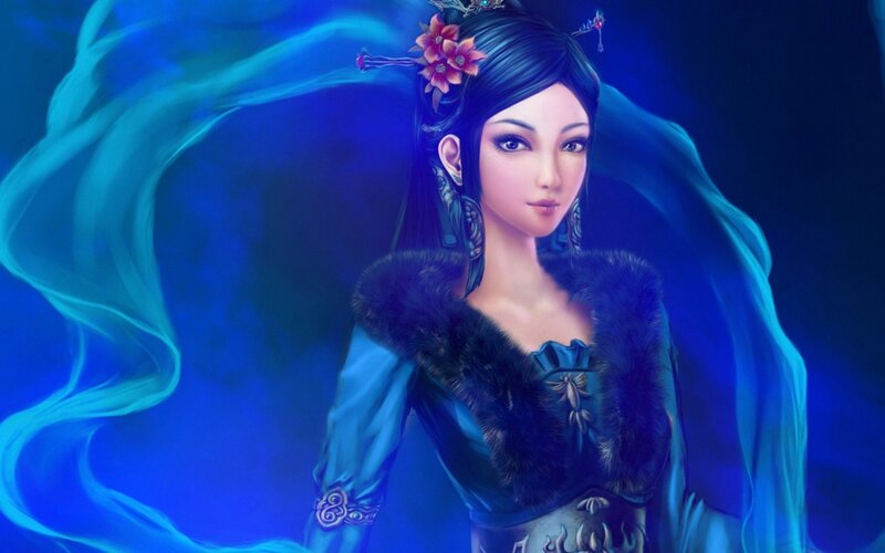 Woman in Blue Dress — Dramatic, Digital Art, Flower, Fur Collar