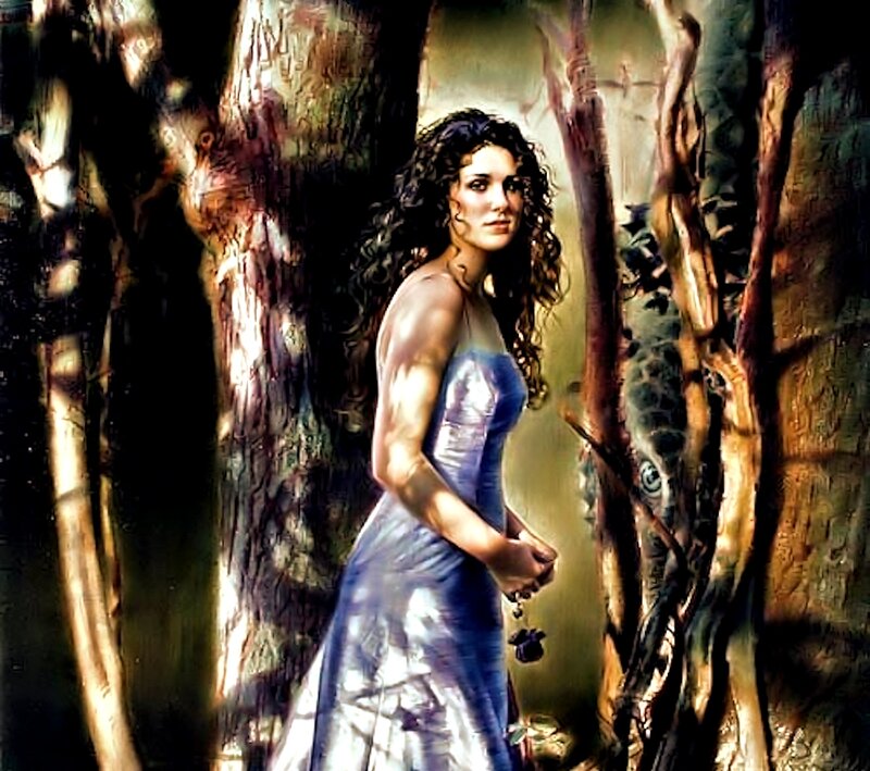 Woman in Blue Dress — Dramatic, Digital Art, Forest
