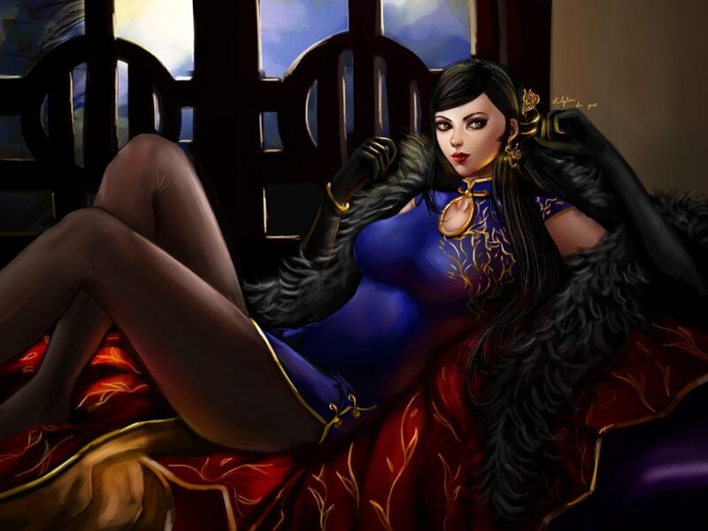 Woman in Blue Dress — Dramatic, Digital Art, Fur Coat