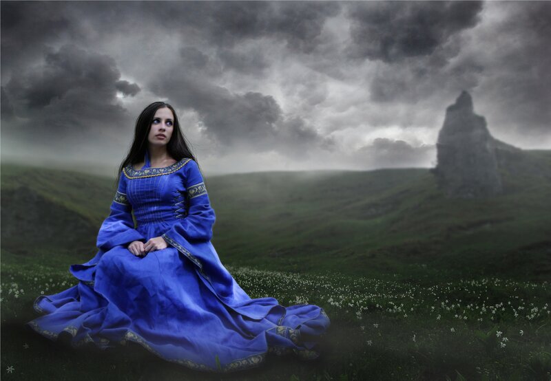 Woman in Blue Dress — Dramatic, Digital Art, Grass Field