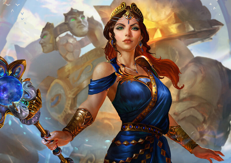 Woman in Blue Dress — Dramatic, Digital Art, Staff, Crown