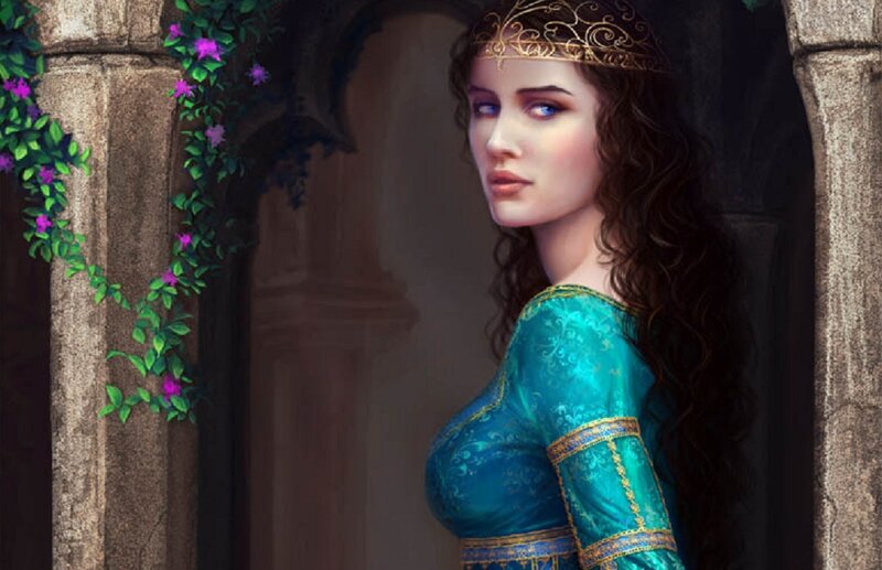 Woman in Blue Dress — Dramatic, Digital Art, Stone Archway