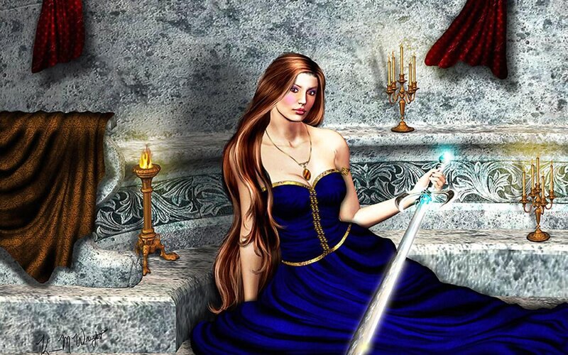 Woman in Blue Dress — Dramatic, Digital Art, Sword