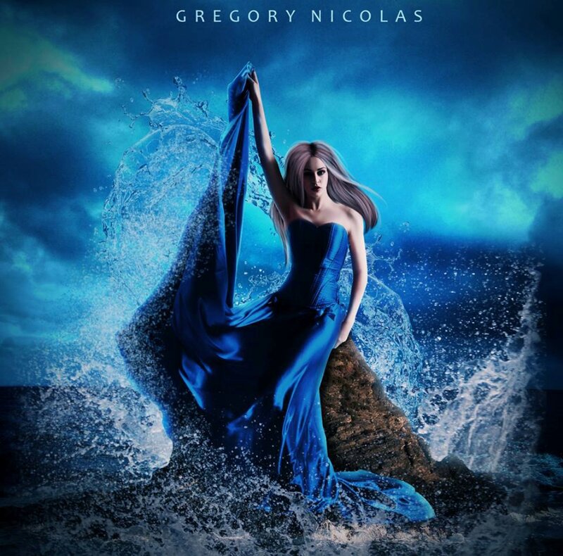 Woman in Blue Dress — Dramatic, Digital Art, Water, Rock