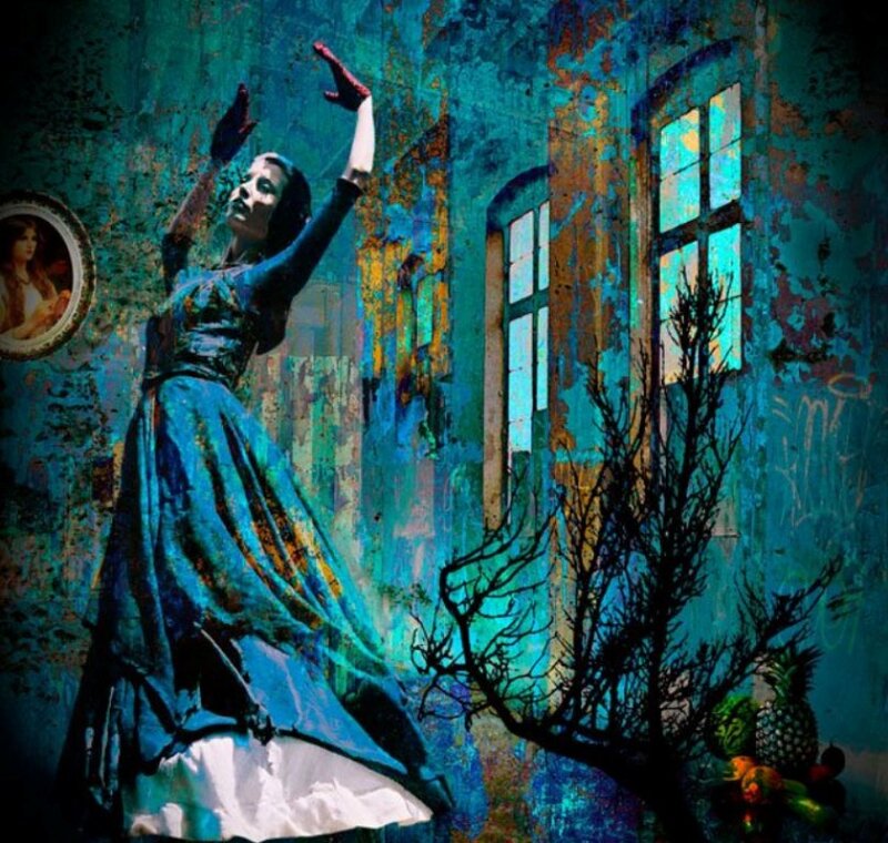Woman in Blue Dress — Dramatic, Digital Art, Window