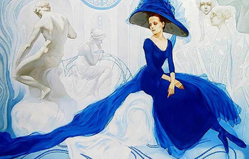 Woman in Blue Dress — Dramatic, Illustration, Statue, Hat