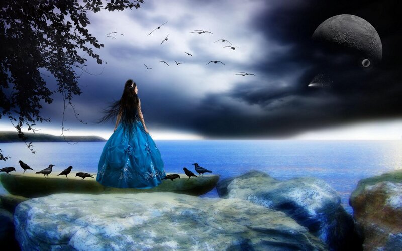 Woman in Blue Dress — Dramatic, Night, Digital Art, Birds, Moon, Sea