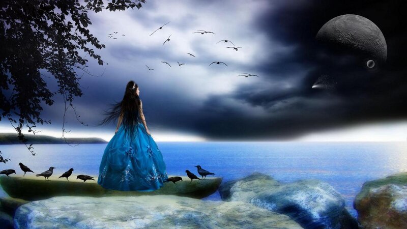 Woman in Blue Dress — Dramatic, Night, Digital Art, Birds, Moon