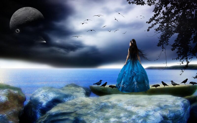 Woman in Blue Dress — Dramatic, Night, Digital Art, Birds