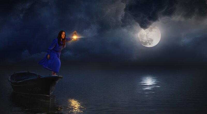 Woman in Blue Dress — Dramatic, Night, Digital Art, Boat