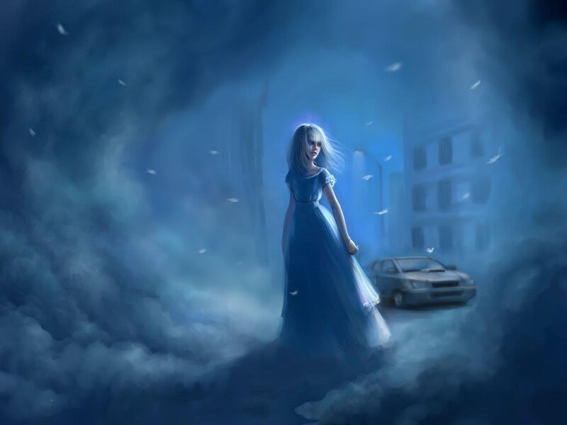 Woman in Blue Dress — Dramatic, Night, Digital Art, Car