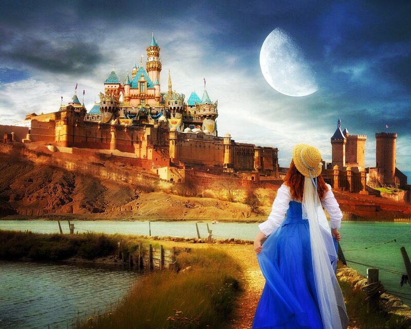 Woman in Blue Dress — Dramatic, Night, Digital Art, Castle, Moon