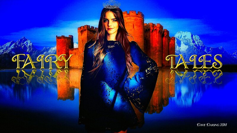 Woman in Blue Dress — Dramatic, Night, Digital Art, Castle, Mountains