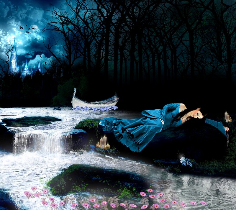 Woman in Blue Dress — Dramatic, Night, Digital Art, Castle, River
