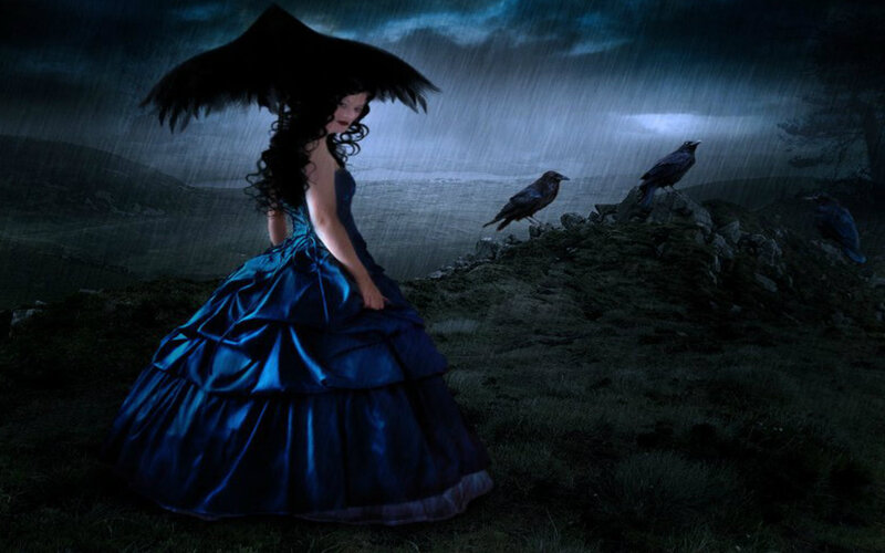 Woman in Blue Dress — Dramatic, Night, Digital Art, Crows