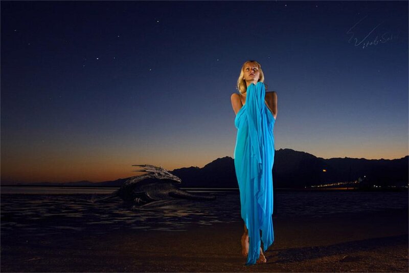 Woman in Blue Dress — Dramatic, Night, Digital Art, Dragon