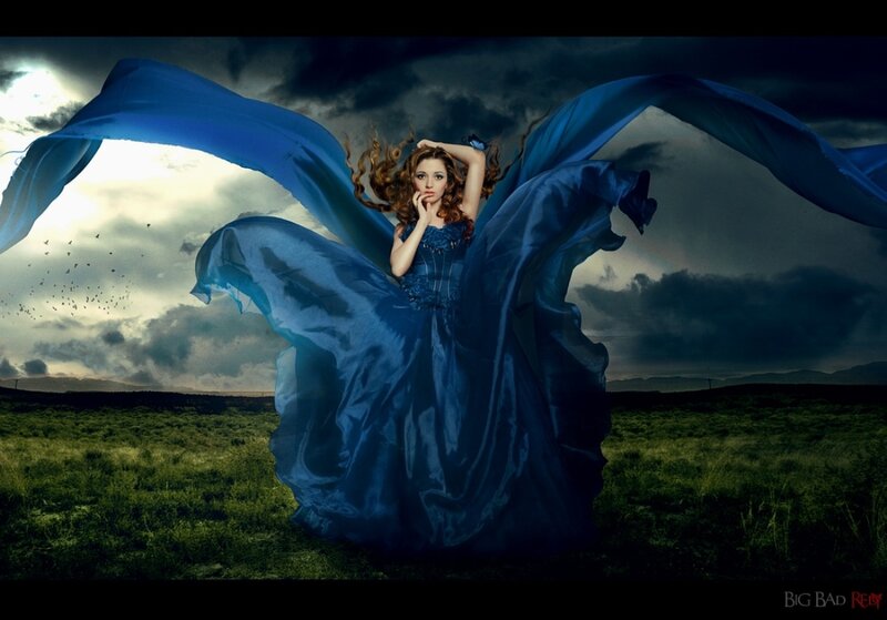 Woman in Blue Dress — Dramatic, Night, Digital Art, Field