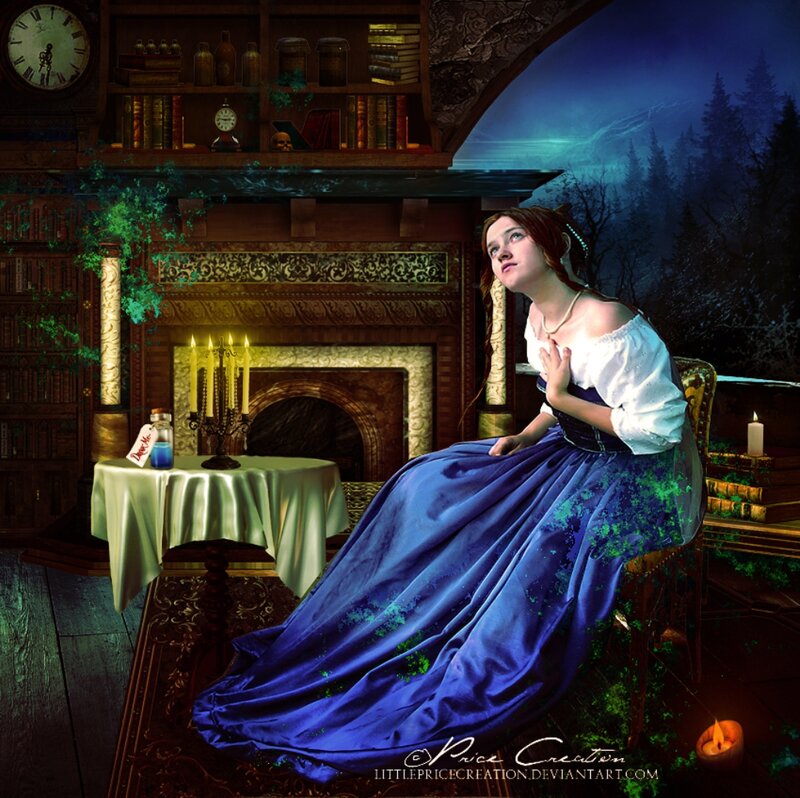 Woman in Blue Dress — Dramatic, Night, Digital Art, Fireplace