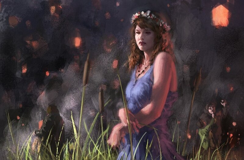 Woman in Blue Dress — Dramatic, Night, Digital Art, Flower Crown