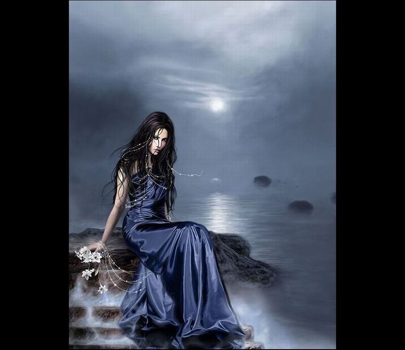 Woman in Blue Dress — Dramatic, Night, Digital Art, Flowers