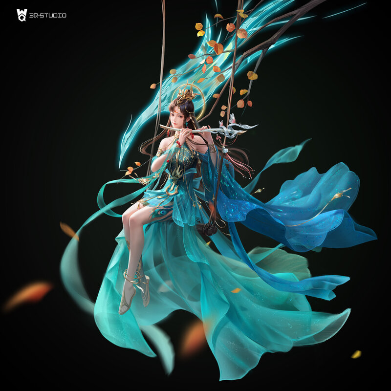 Woman in Blue Dress — Dramatic, Night, Digital Art, Flute