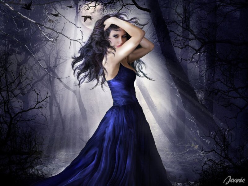 Woman in Blue Dress — Dramatic, Night, Digital Art, Forest, Moon