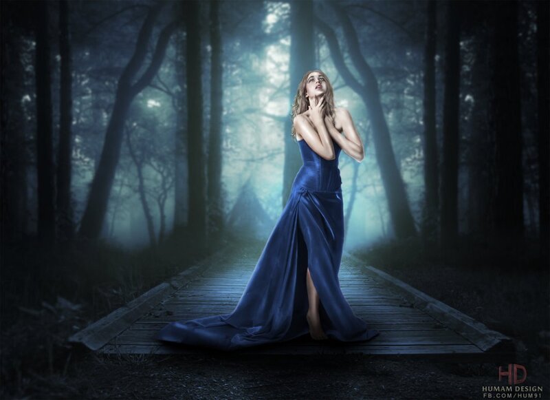 Woman in Blue Dress — Dramatic, Night, Digital Art, Forest, Path