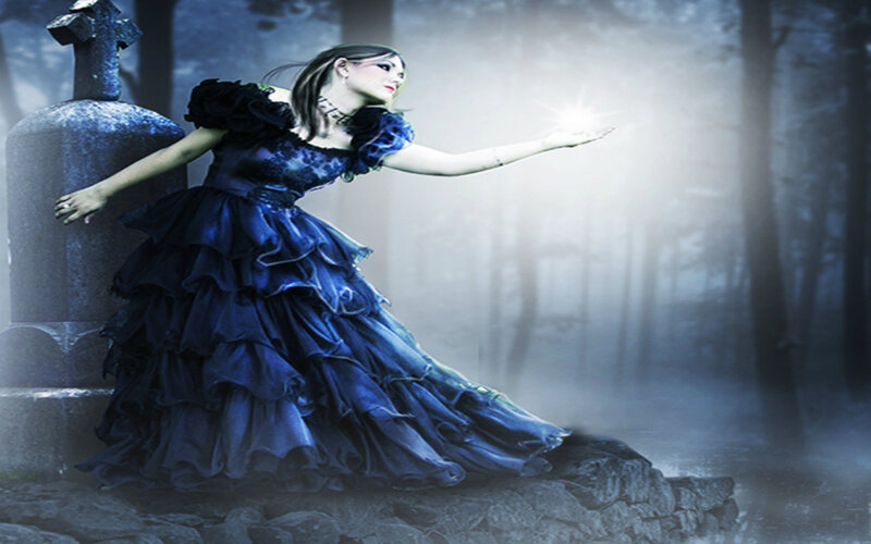 Woman in Blue Dress — Dramatic, Night, Digital Art, Gravestone