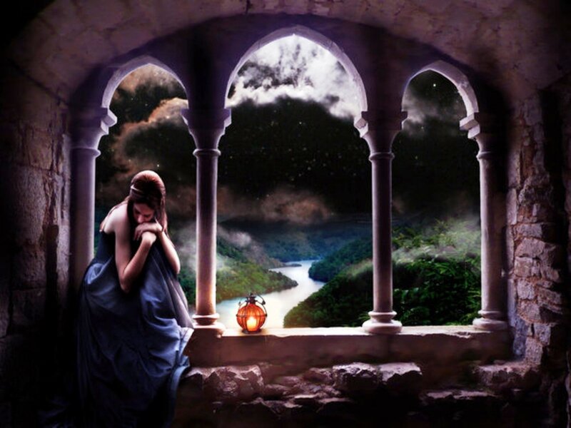 Woman in Blue Dress — Dramatic, Night, Digital Art, Lantern, Arches