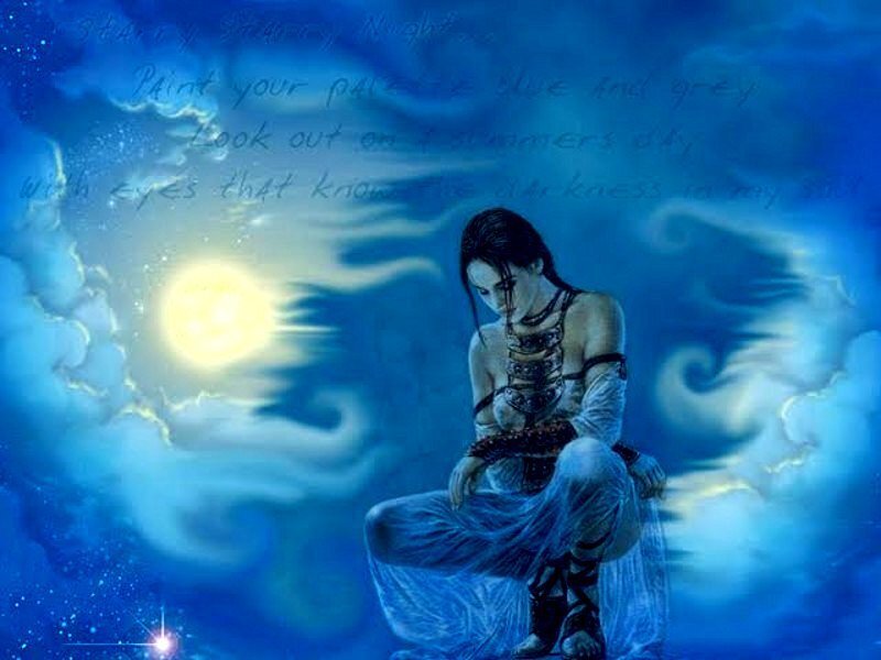 Woman in Blue Dress — Dramatic, Night, Digital Art, Moon, Clouds