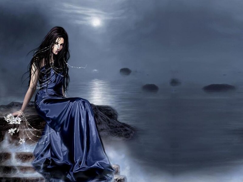 Woman in Blue Dress — Dramatic, Night, Digital Art, Moon, Sea