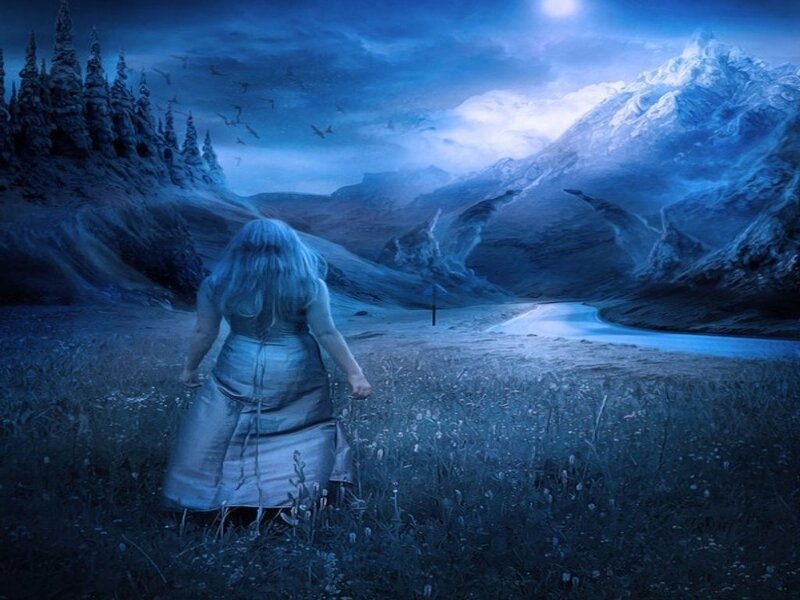 Woman in Blue Dress — Dramatic, Night, Digital Art, Mountains